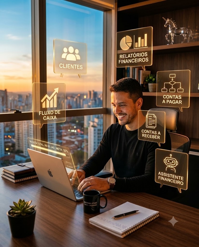 Painel de controle financeiro com fluxo de caixa, contas a pagar e receber
